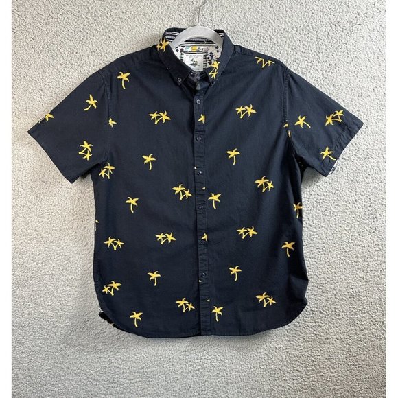 Denim & Flower Shirt Mens Size Large Blue Palm Tree Button Up Short Sleeve - Picture 1 of 11